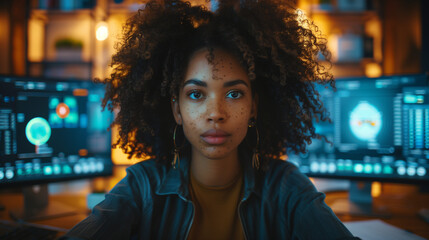 Obraz premium Focused African American Woman Working on Multiple Computer Screens in Modern Tech Environment