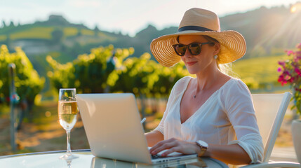 Fototapeta premium Luxury Bleisure Traveler Enjoying Private Wine Tasting Tour in Designer Outfits with Picturesque Vineyards and Opulent Decor While Typing on Laptop and Savoring Wine