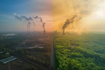 carbon footprint, harm and impact, landscape with left side showing polluted nature and on the right part clean untouched green nature, showing human impact on environment