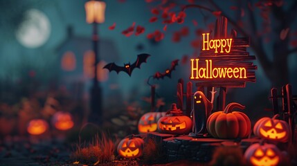 Halloween Pumpkin Carvings with Ghosts and Bats