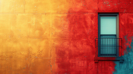 a colorful wall with a window. The wall is painted in two colors, orange and red. 