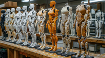 Fototapeta premium A line of female androids stand on a wooden table. 