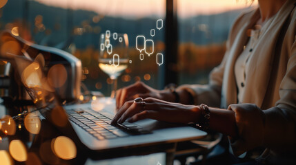 Designer-Clad Bleisure Traveler in Picturesque Vineyard During Private Wine Tasting, Typing on Laptop with Hologram Icons and Surrounded by Luxury Decor