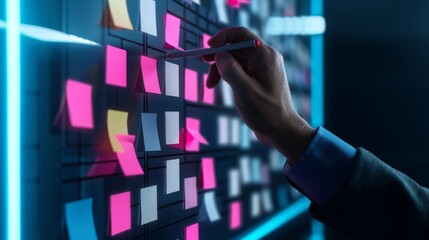 A high-resolution visualization of a futuristic notion board with digital sticky notes and AI-enhanced organization tools