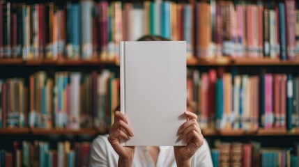 a person holding up an empty white book mockup in front of shelves filled with books, ready for design or text.