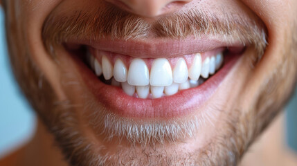 The man has a perfect smile with white teeth and healthy gums. He is smiling happily and looks confident and successful.