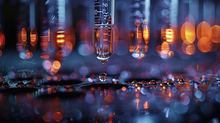 Close-up of a dropper with a drop of liquid falling into a beaker.