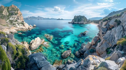 Obraz premium Beautiful coastline with clear water, sand, rocks, turquoise watter
