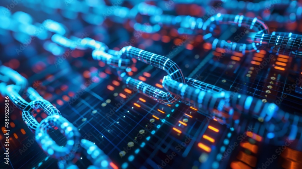 Poster A close-up of a digital chain made of blue glowing links on a circuit board with red and orange lights.