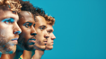 A group of athletes from different countries with different hair and skin tones all looking in the same direction against a blue background.