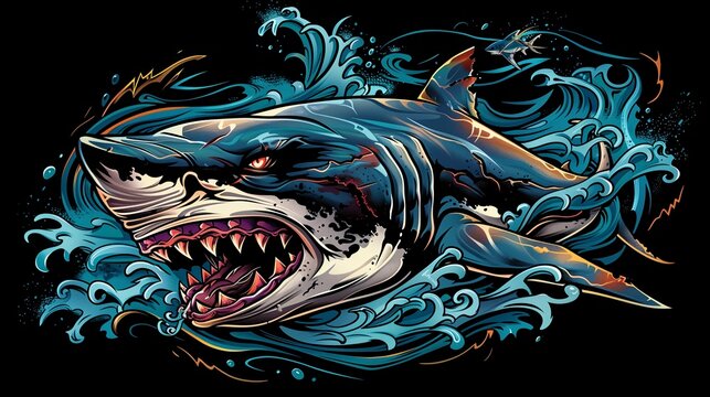 A fierce shark, surrounded by swirling water and waves. T-shirt printing or wallpaper