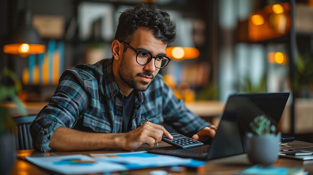 Man Working on Laptop and Calculator in a Cafe