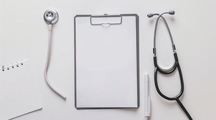 blank stethoscope and gray clipboard on white desk background