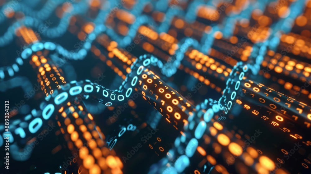 Poster A close-up view of a digital pattern formed by glowing blue and orange binary code, creating an abstract and futuristic design.