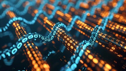 A close-up view of a digital pattern formed by glowing blue and orange binary code, creating an abstract and futuristic design.