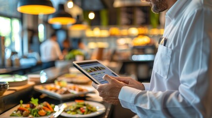 an inspector using a digital tablet to record food safety compliance data in a restaurant. High-definition, inspection, food safety audit, digital tools, compliance data