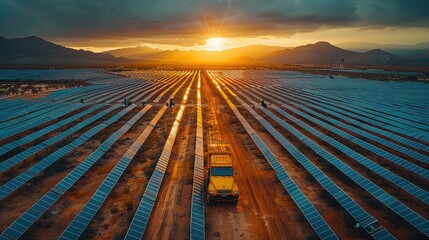 Aerial View of Solar Farm with Geometric Panel Layout in Desert Setting