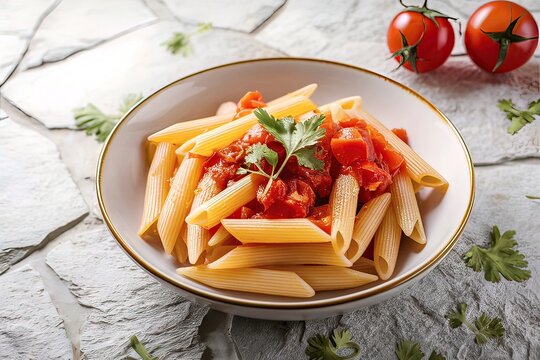Penne pasta with tomato sause in plate on stone background table
