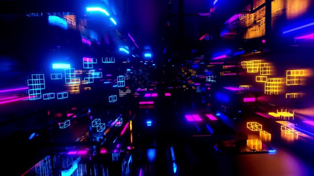 flight through hi-tech technology tunnel with camera shake. Neon light, sci-fi constructions, 3d objects and hologram. Fly through technology cyberspace. 3d almost looped 4k bg. Futuristic city