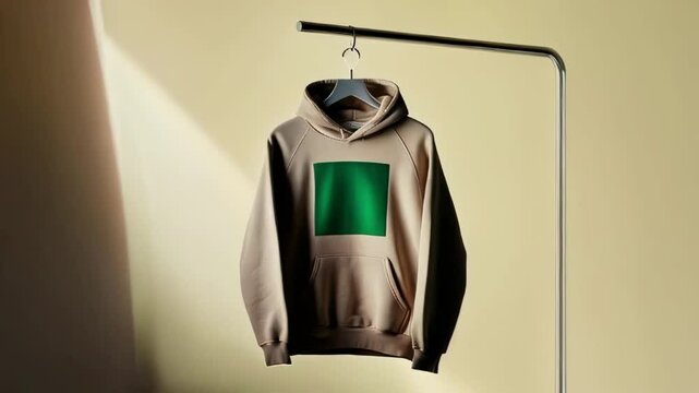A beige hoodie with a green screen patch on the front, hanging against a neutral background, perfect for fashion branding and product mockups.