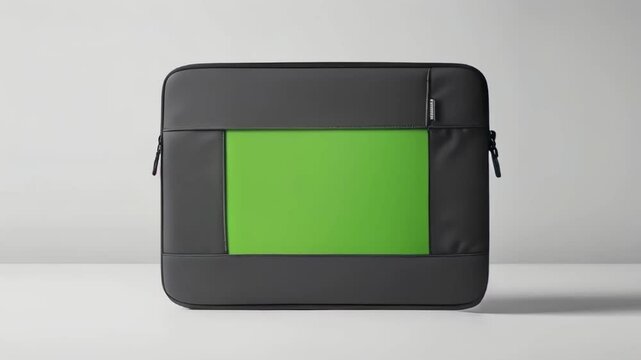A black laptop sleeve with a green screen patch, placed on a clean background, ideal for product branding and marketing mockups.