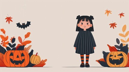 Halloween Illustration of Girl with Pumpkins and Autumn Leaves.