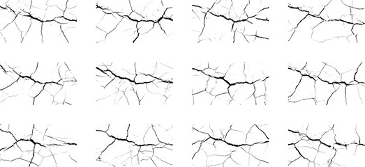 Set of cracks. Earth cracks texture on isolate vector background set. Collection of different black lightning bolts. Earth crack.	