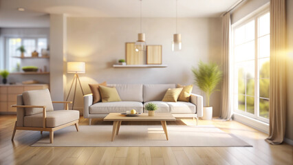 Bright living room with a sofa and an armchair, a large window, blurred background