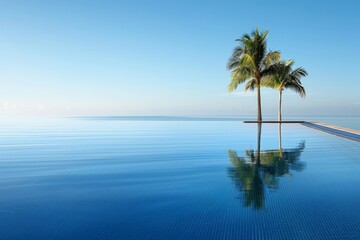 Infinity pool with palm tree reflection vibrant and serene artistic scene inviting setting tropical vibes modern and stylish peaceful atmosphere