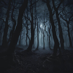 landscape with moon and a spooky mountain at night