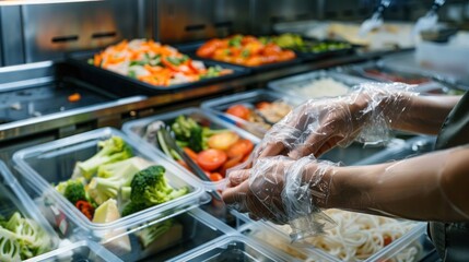 A detailed shot of a food handler's hands changing gloves between handling different food items. High-resolution, hygiene, food safety practices, clean hands, glove changing
