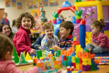 Smiling children enjoying their time playing with colorful blocks and toys at a vibrant and cheerful daycare center, engaging in creative and social activities.