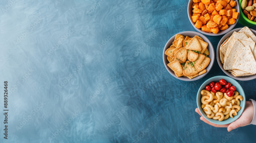 Canvas Prints a person is holding a bowl of food with a blue background