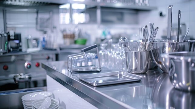 A detailed shot of a clean and sanitized commercial kitchen with all utensils and surfaces sparkling. HD, food safety environment, clean kitchen, sanitized surfaces, hygiene standards