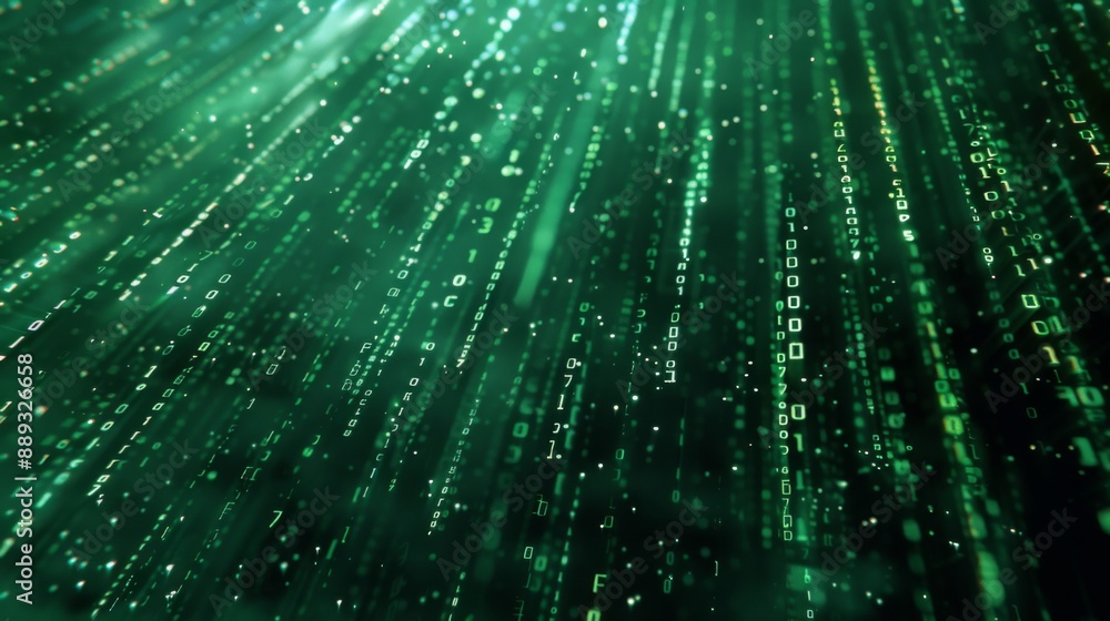 Aufkleber Digital rain of binary code in green hues, flowing down from an unseen source.