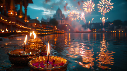 Diwali Lights on the Ganges River: A mesmerizing spectacle of light and faith as fireworks illuminate the night sky over the sacred Ganges, while diyas cast a warm glow on the flowing waters. 