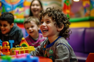 A group of happy children are playing together with colorful blocks and toys in a bright and vibrant daycare center, engaging in fun and creative activities in a cheerful environment.