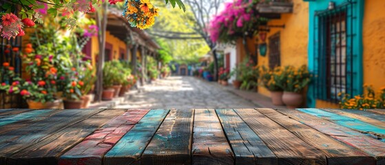 Naklejka premium Blank Rustic Wooden Table with Blurred Mexican Street Scene