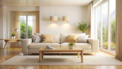 Bright living room with a large window, flooded with sunlight, blurred background