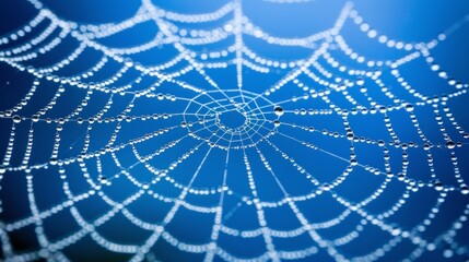 Fototapeta premium A spider web glistens with dew in the bluish outdoor light, embodying tranquility and natures beauty