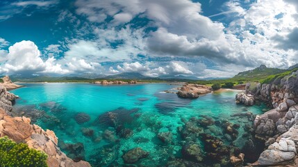 Beautiful coastline with clear water, sand, rocks, turquoise watter