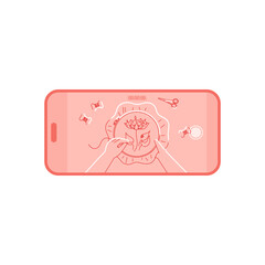 Smartphone with recording of embroidery process on screen, vector illustration