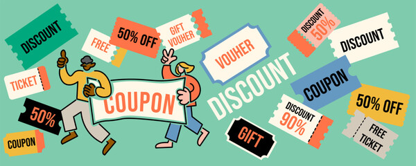 colored vector set of discount or gift voucher ticket coupon templates. collection of icons in shape style, vintage color