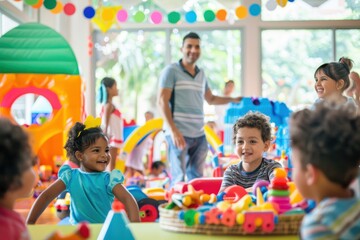Children in a lively indoor play area filled with various colorful toys and structures, engaging in fun and activities under the supervision of adults, creating an atmosphere of joy.