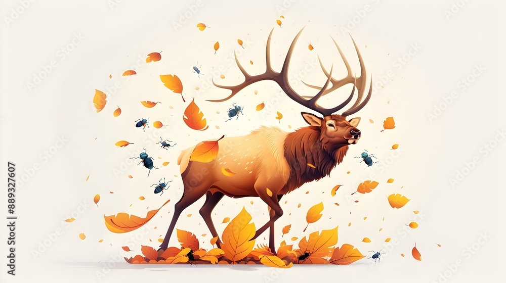 Poster Majestic Elk Stands Amidst Autumn Leaves in Minimalist