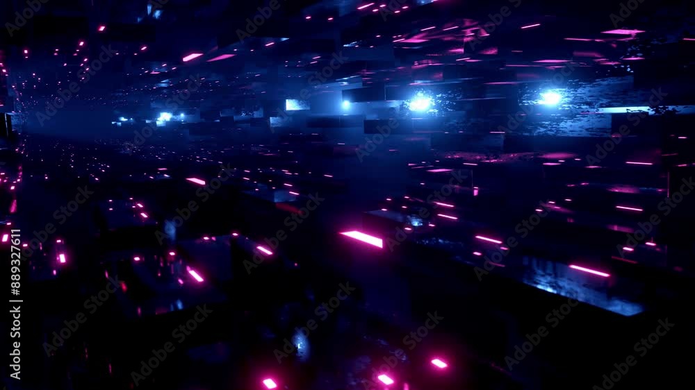 Aufkleber flight through hi-tech technology tunnel with camera shake. neon light and fog, sci-fi constructions