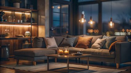 Cozy living room with large window, evening hour, blurred background