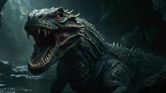 Nidhoggr, a snake-like monster, slithers through a dark cave. Its eyes glow with malice and fixate on its next victim. The painting shows every detail of the creature's ugly face.
