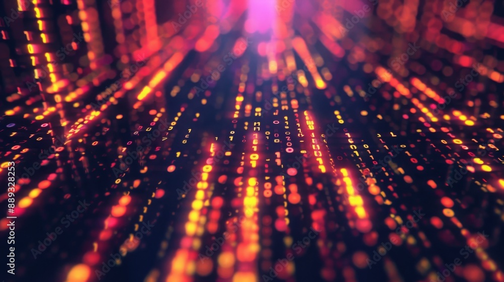 Poster Red and yellow binary code streams down from the top of the image, with a blurred background.