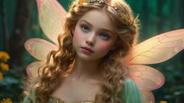 A fairy princess with wings, golden curls, rosy cheeks and green eyes. This painting is enchanting and alluring. The artist's attention to detail and colors make this a masterpiece